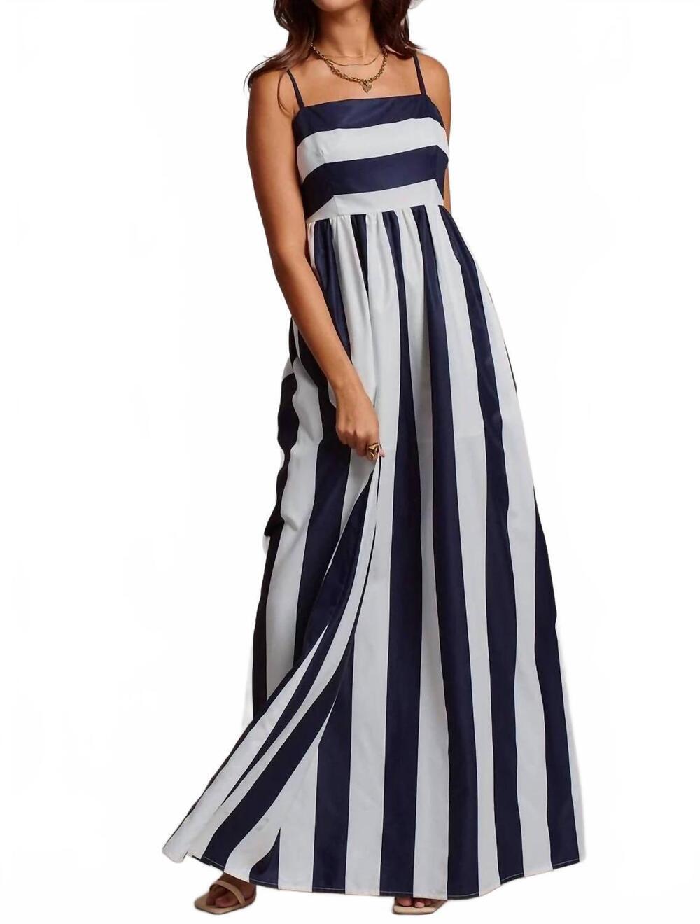 NEW URBAN DAIZY vertical stripe smocked back maxi dress in ivory navy